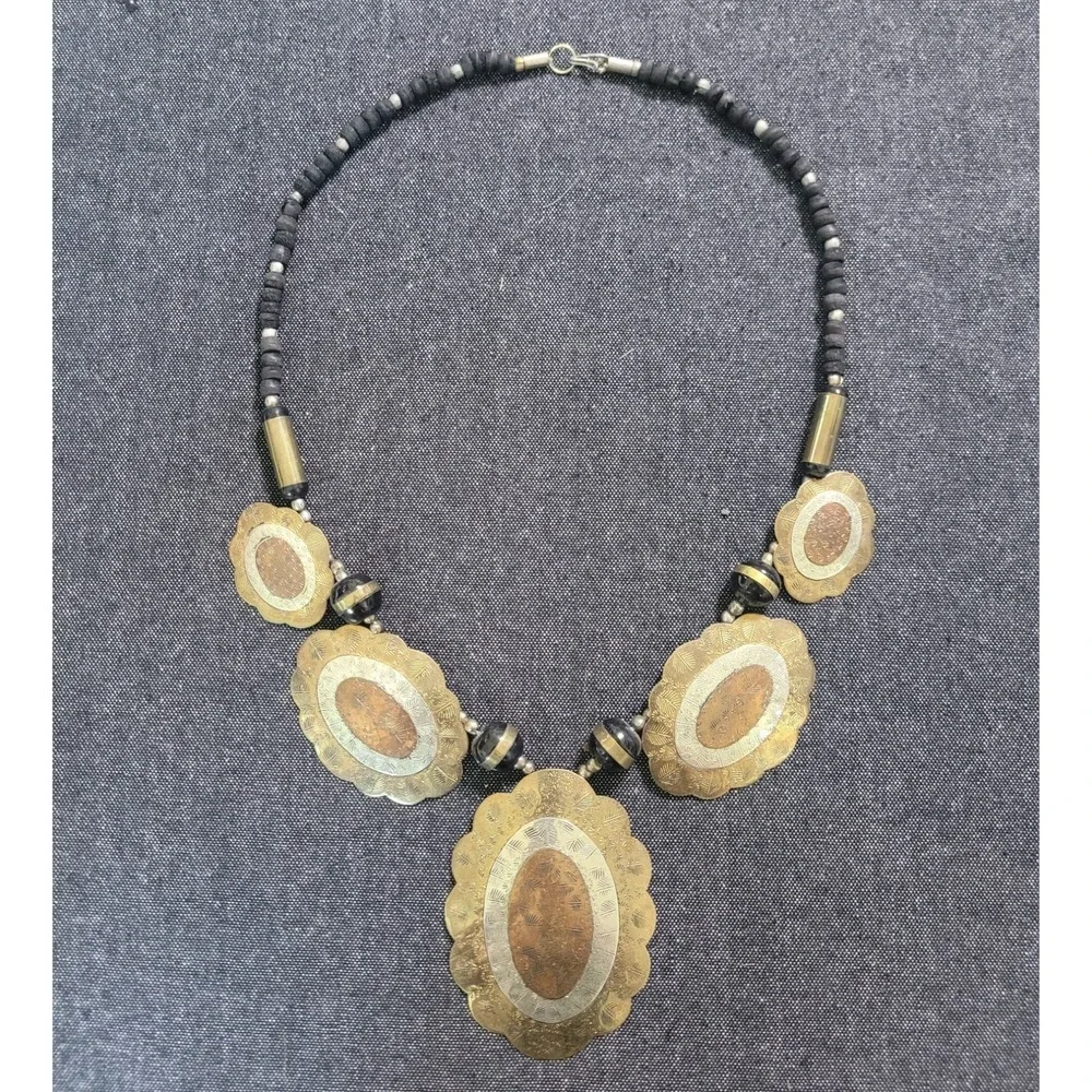 Vintage 60s 70s Brass Mixed Metal Beaded Necklace Funky‎ Large Boho Hippy